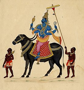 Zeul Yama stând călare pe bivolul său într-un desen dintr-un manuscris hindus