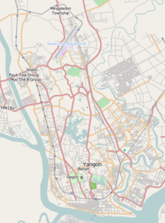 Mapa konturowa Rangunu, blisko dolnej krawiędzi nieco na prawo znajduje się punkt z opisem „Pagoda Botahtaung”