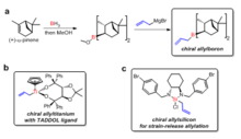 Fig. 2: Example of chiral allylmetals used: (a) allylboron, (b) allyltitanium, and (c) allyl silicon 17 fig. 2.png