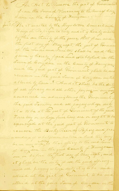 The first page of the 1813 State Capital Act, which moved the capital to Corydon.