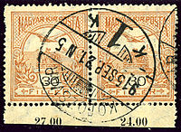 Pair of Hungarian postage stamps cancelled at Kolozsvar in 1915 1915 Kolozsvar 30filler paire Transylvania.jpg