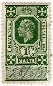 The 1/- value of 1926 depicting King George V 1925 1s revenue stamp of Malta used 1928.jpg