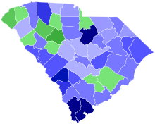 Democratic primary results by county:

Theo Mitchell
.mw-parser-output .legend{page-break-inside:avoid;break-inside:avoid-column}.mw-parser-output .legend-color{display:inline-block;min-width:1.25em;height:1.25em;line-height:1.25;margin:1px 0;text-align:center;border:1px solid black;background-color:transparent;color:black}.mw-parser-output .legend-text{}
80-85%
75-80%
70-75%
65-70%
60-65%
55-60%
50-55%
Ernie Passailaigue
60-65%
55-60%
50-55% 1990 South Carolina gubernatorial election, Democratic primary results map by county.svg