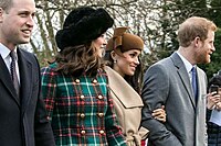 Attending to the Christmas Day Church Service at St Mary Magdalene Church in Sandringham. Pictured with his brother The Duke of Cambridge (now Prince of Wales), his sister in law The Duchess of Cambridge (now Princess of Wales) and his then fiancée Meghan Markle (25 December 2017)