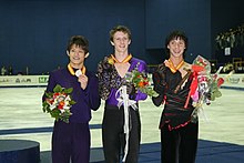 The men's podium at the 2008 Grand Prix final.From left: Takahiko Kozuka (2nd), Jeremy Abbott (1st), Johnny Weir (3rd)..