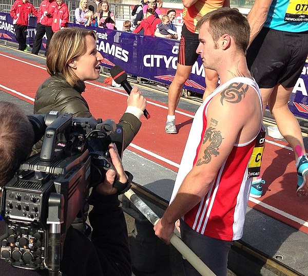 Katherine Merry for BBC Sport interviewing British pole vaulter Luke Cutts at the 2013 Gateshead Great City Games vault