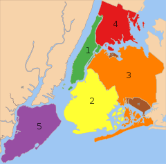 New York City as well as its composite five boroughs are all municipalities.
.mw-parser-output .legend{page-break-inside:avoid;break-inside:avoid-column}.mw-parser-output .legend-color{display:inline-block;min-width:1.25em;height:1.25em;line-height:1.25;margin:1px 0;text-align:center;border:1px solid black;background-color:transparent;color:black}.mw-parser-output .legend-text{}
1. Manhattan
2. Brooklyn
3. Queens
4. The Bronx
5. Staten Island 5 Boroughs Labels New York City Map.svg