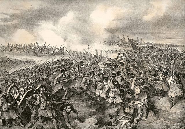 A depiction of men fighting in the First Battle of Komárom (1849)