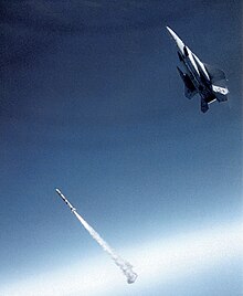 An F-15A Eagle launches an ASM-135 ASAT, intercepting the Solwind satellite on 13 September 1985 ASM-135 ASAT 5.jpg