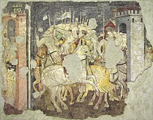 Affresco rappresentante cavalieri durante una battaglia, esposto presso il museo di Castelvecchio