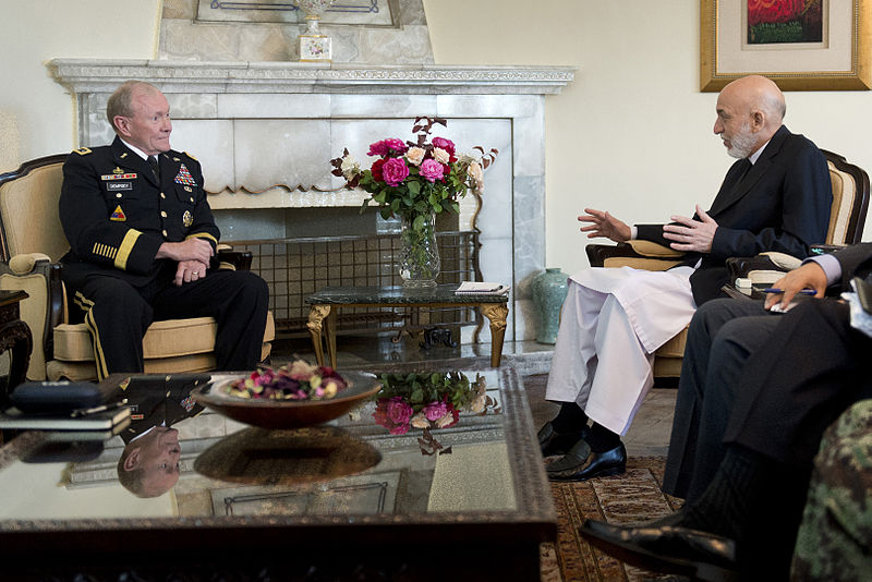 File:Afghanistan President Hamid Karzai, right, meets with Chairman of the Joint Chiefs of Staff Gen. Martin E. Dempsey, left, at the Presidential Palace in Kabul, Afghanistan, on July 22, 2013 130722-D-VO565-009.jpg