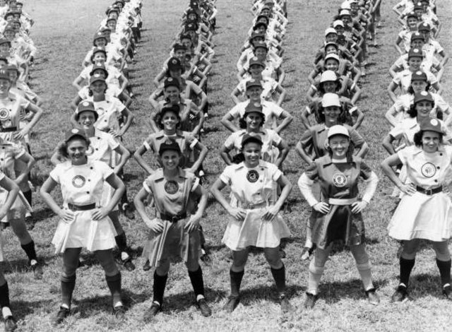 All-American Girls Professional Baseball League members performing calisthenics in Opa-locka, Florida, on April 22, 1948. The different baseball clubs