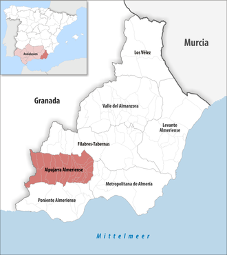 Die Lage der Comarca Alpujarra Almeriense in der Provinz Almería