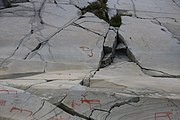 English: Rock art in the world heritage area in Alta, Norway. This is from the area Bergbukten 1, a group of some 900 figures. 23-25 m above sea level, and 6000-7000 years old.