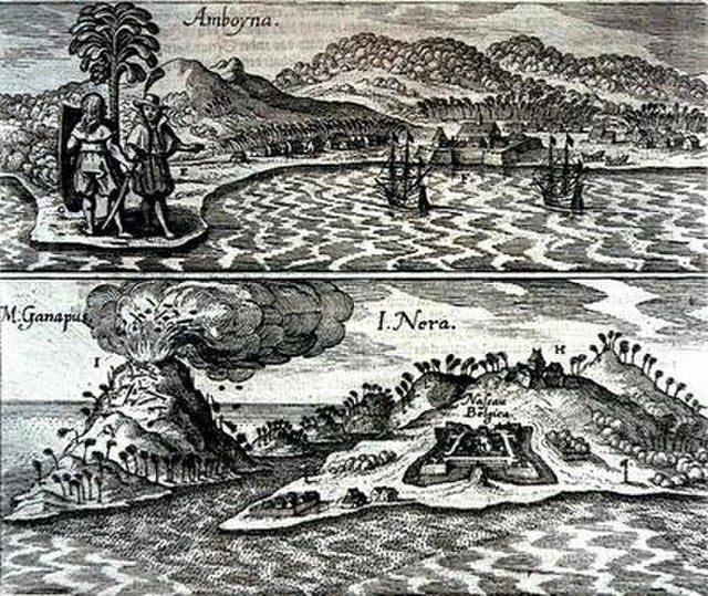 The Dutch and English enclaves at Amboyna (top) and Banda-Neira (bottom). 1655 engraving.