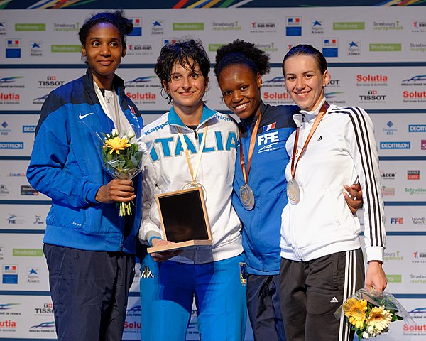 Podium of the women's épée: Candassamy, Del Carretto, Jacques-André-Coquin, and Gherman