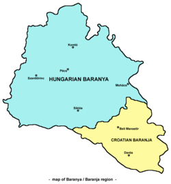 Baranya vármegye felosztása 1920-ban. A Drávaközt sárga szín jelöli