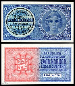 Protectorate of Bohemia and Moravia 1 Koruna note. The protectorate was created by the Nazi regime in 1939, and this note was created by taking a Czechloslovak note then stamping over it.