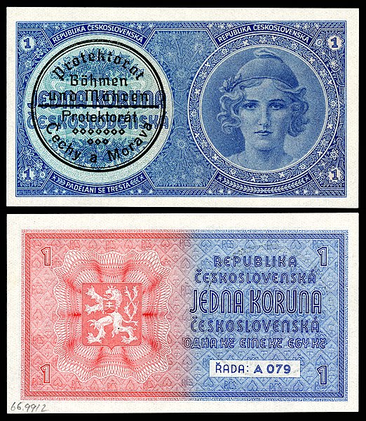 Nazi invasion of Czechloslovakia: Protectorate of Bohemia and Moravia 1 Koruna note, created by adding a stamp atop a Czechloslovak note. Prepared by Godot13 from the National Numismatic Collection of the Smithsonian Institution.