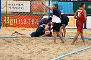 Deutsch: Beachhandball Europameisterschaften 2019 (Beach handball Euro); Tag 6: 7. Juli 2019 – Spiel um Platz Drei, Männer, Ungarn-Russland 2:0 (26:20, 23:22) English: Beach handball Euro; Day 6: 7 July 2019 – Men's Bronze Medal Match – Hungary-Russia 2:0 (26:20, 23:22)