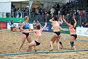 Deutsch: Beachhandball Europameisterschaften 2019 (Beach handball Euro); Tag 5: 6. Juli 2019 – Frauen, Platzierungsspiel für die Ränge 17–20, Nordmazedonien-Slowenien 0:2 (10:13, 9:15) English: Beach handball Euro; Day 5: 6 July 2019 – Placement Match/Cross Match for rank 17–20 Women – North Macedonia-Slovenia 0:2 (10:13, 9:15)