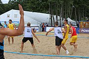 Deutsch: Beachhandball Europameisterschaften 2019 (Beach handball Euro); Tag 2: 3. Juli 2019 – Männer, Vorrunde Gruppe A, Deutschland-Norwegen 2:0 (20:18, 28:12) English: Beach handball Euro; Day 2: 3 July 2019 – Women Preliminary Round Group A – Men Preliminary Round Group A – Germany-Norway 2:0 (20:18, 28:12)