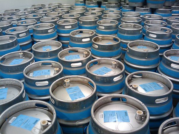 Ale casks at a brewery in the UK. These are firkins, each holding 9 imperial gallons (41 L) or a quarter of a UK beer barrel.