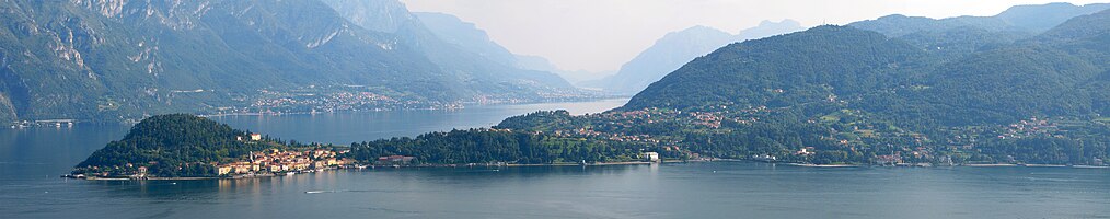 Panorama of Bellagio Promontory, Lake Como, Italy from San Martino Santuary, Griante.