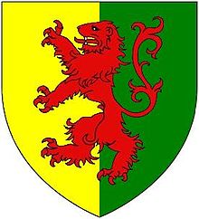 Arms of "Bigod Modern": Party per pale or and vert, overall a lion rampant gules, adopted by Roger Bigod, 5th Earl of Norfolk (1269-1306), after 1269 following his inheritance of the office of Marshal of England from the Marshal family BigodModernArms.JPG