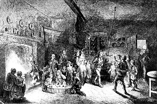 Black and white illustration of a room full of people, in front of a fire-place. A small, circular tub in the middle of the room is filled with water; there are apples floating in it. A man with his hands behind his back is attempting to blow out a candle as it swings on a string from the ceiling.