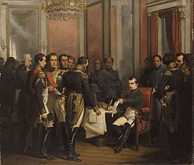 Napoleon signs his abdication at Fontainebleau, 11 April 1814, by Francois Bouchot and Gaetano Ferri (1843) Bouchot - Napoleon signe son abdication a Fontainebleau 11 avril 1814.jpg