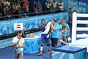 Deutsch: Boxen bei den Olympischen Jugendspielen 2018 Tag 12, 18. Oktober 2018 - Kampf um die Bronzemedaille im Fliegengewicht Mädchen – Timur Merjanow (Usbekistan, rot) schlägt Youssef Ali Karar Ali (Ägypten, blau) 5-0; Ringrichter ist Antonín Gaspar (Tschechien). English: Boxing at the 2018 Summer Youth Olympics on 18 October 2018 – Boy's heavyweight Bronze Medal Bout - Timur Merjanov (Uzbekistan, red) beats Youssef Ali Karar Ali (Egypt, blue) 5-0; Referee is Antonín Gaspar (Czech Republic). Español: Boxeo en los Juegos Olímpicos Juveniles de Verano de 2018 en 18 de octubre de 2018 - Medalla de bronce de peso pesado del muchacho: Timur Merjanov (Uzbekistán, roja) le gana a Youssef Ali Karar Ali (Egipto, azul) 5-0; El árbitro es Antonín Gaspar (Republica checa).