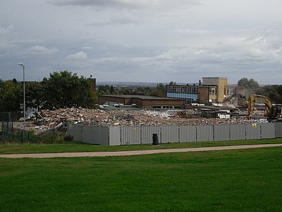 Remains of the Science Block, with tower block and hall still visible pre-demolition Bramcote Hills Science block.JPG