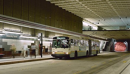 A Breda dual-mode bus operating as a trolleybus in the Downtown Seattle Transit Tunnel in 1994