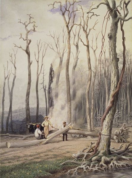 File:Brooklyn Museum - Spring--Burning Fallen Trees, in a Girdled Clearing, Western Scene - George Harvey - overall.jpg