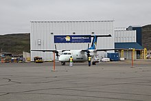 A former Canadian North De Havilland Canada Dash 8 Series 100. Pre-merger livery. The aircraft were retired in 2021 C-GECN at Iqaluit Airport.JPG