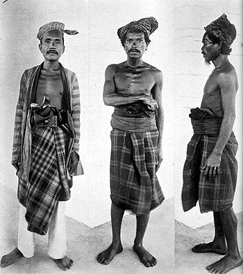COLLECTIE TROPENMUSEUM 'Drie mannen van het eiland Moena (Zuidoost-Celebes); links een adellijke man, in het midden en rechts mannen van het Reha-volk' - TMnr 10005692.jpg
