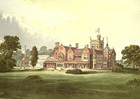 An engraving (c.1880) of Caen Wood Towers shortly after it was built by Edward Brooke. Caen Wood Towers circa 1880.jpg