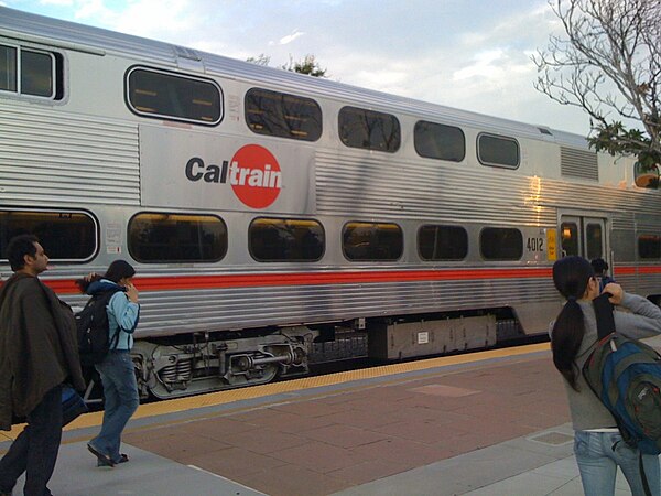 A Caltrain car manufactured by Nippon Sharyo