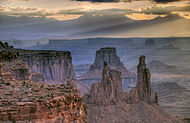 Canyonlands at daybreak. La Sal Mountains in background