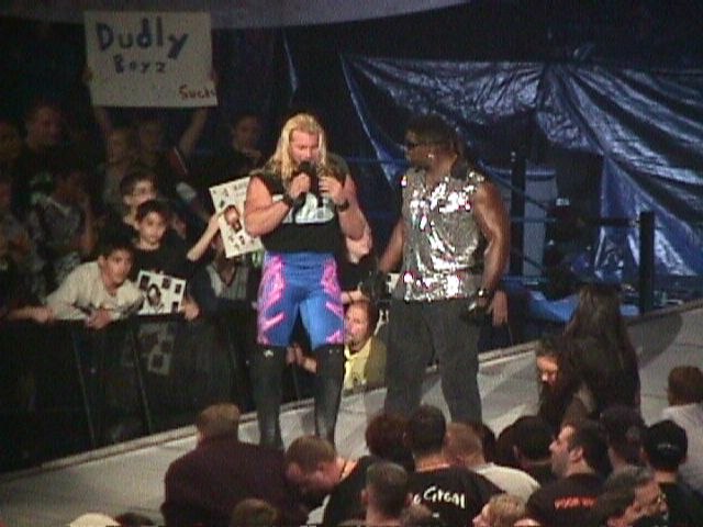 Jericho on SmackDown! in 1999 with Mr. Hughes, his enforcer during his rivalry with Ken Shamrock