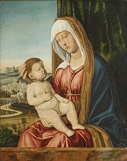 Virgin and Child before a Landscape by Cima da Conegliano Cima da Conegliano, Madonna col Bambino Philadelphia.jpg