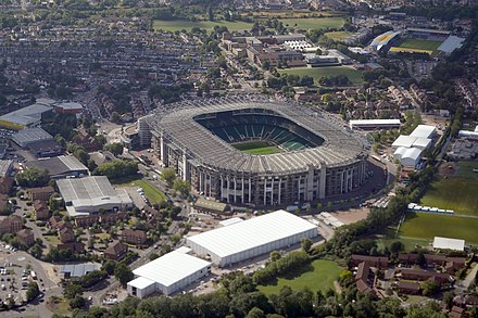 Twickenham Stadium (centre) and Stoop Stadium (top right) from the north in August 2015