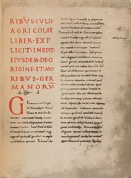 The opening page of the Codex Aesinas of Tacitus's Germania, which gives a large amount of information on Roman-era Germanic religion.