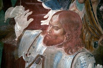 Detail des Bildes Totila kniet vor dem Heiligen Benedikt von Luca Signorelli