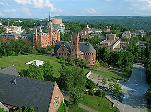 Barnes Hall (center) with Sage Chapel in the foreground and Sage Hall beyond it to the left Cornell University, Ho Plaza and Sage Hall.jpg