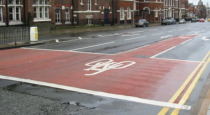 An advanced stop line at traffic lights in Liverpool