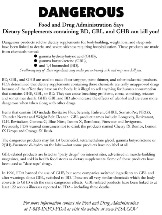 FDA warning against products containing GHB and its prodrugs, such as 1,4-butanediol.