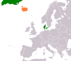 Mapa označující umístění Dánska a Islandu