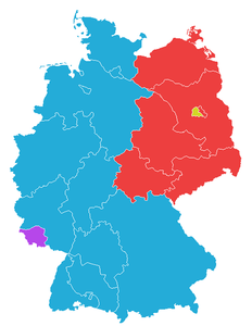 Межы Германіі пасля 1949 года; тэрыторыя Саара зафарбавана фіялетавым колерам.